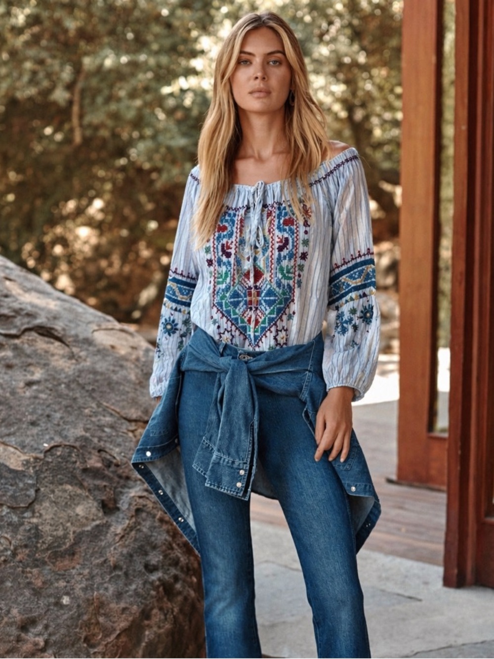Embroidered Boho Sleeve Panel in Blue, Mustard & Burgundy